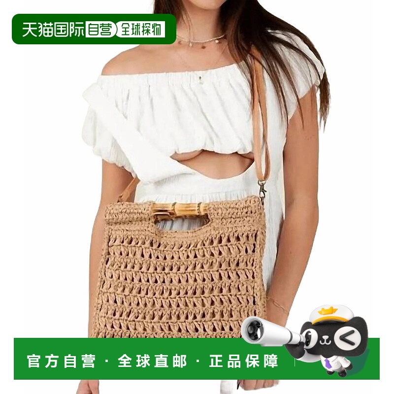 自营 lucca德威棕褐色竹柄草袋 美国奥莱直发单肩包手提包编织包