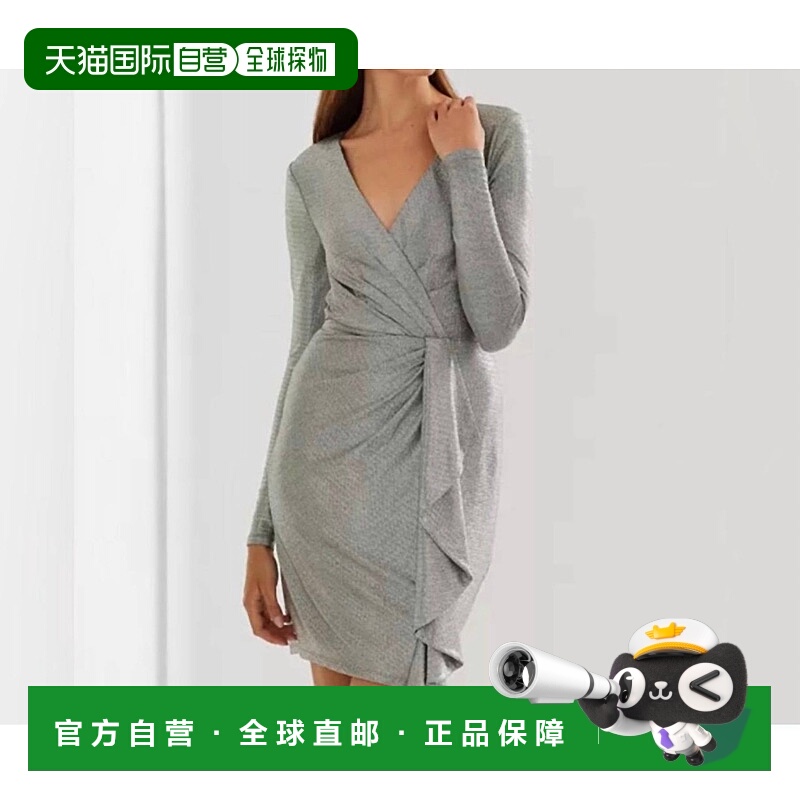自营ralph laurenMetallic Knit Faux Wrap Ruffle Dress In Silv