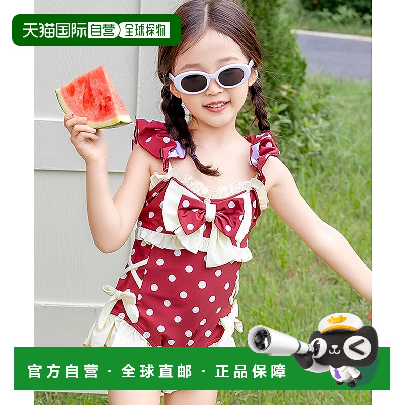 1h可退 日本直邮TeddyShop 女童波点花边蝴蝶结连体泳衣+泳帽两件