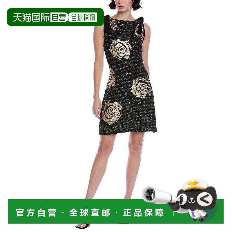 自营Oscar de la Renta Foil Rose Knit Shift Dress - black 美