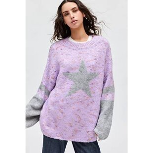 美国直邮BDG女士毛衣圆领宽松条纹牛仔套头时尚休闲保暖女装上装