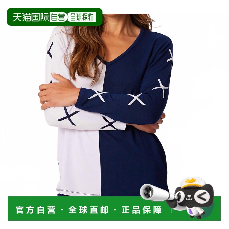 自营french kyssX Sleeve V-Neck Top In White/navy - white/nav