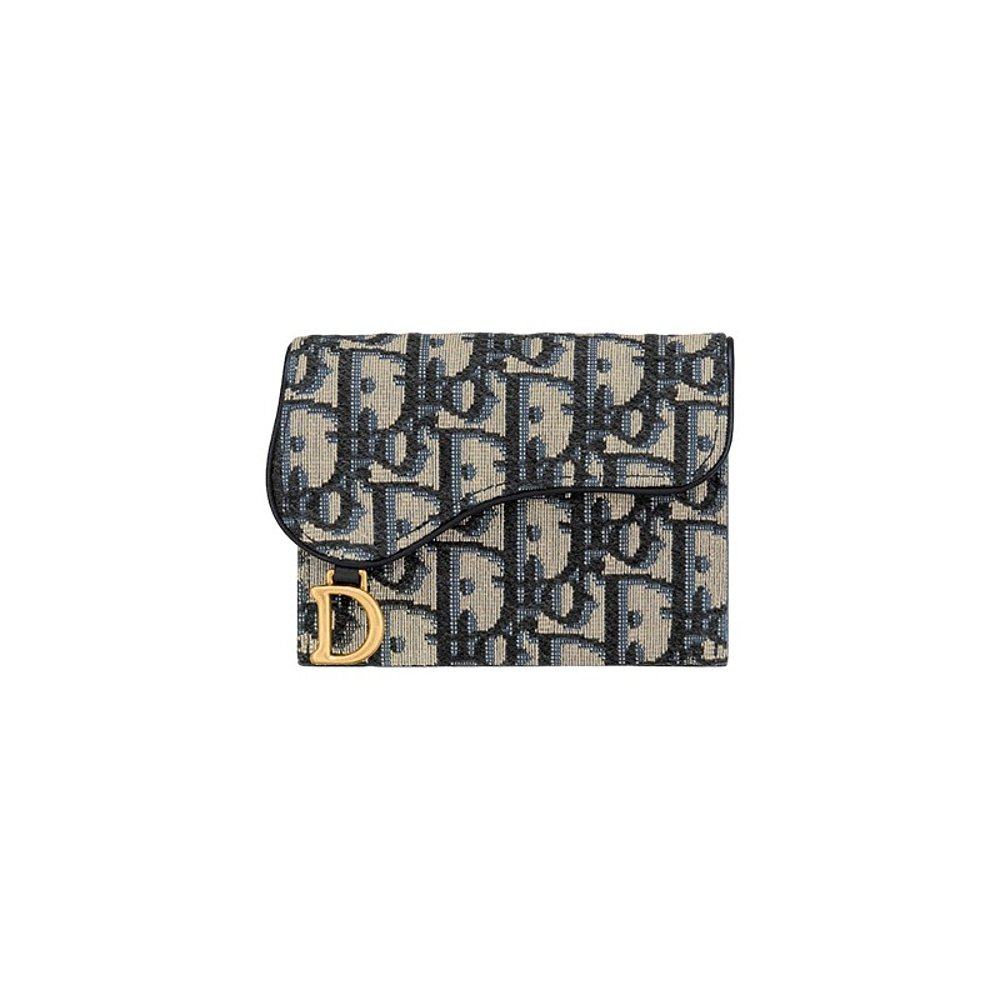 现货 DIOR/迪奥 SADDLE女士蓝色斜提花帆布按扣卡包