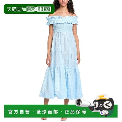 自营 GANNI Seersucker格子烟熏长裙-蓝色 美国奥莱直发新款