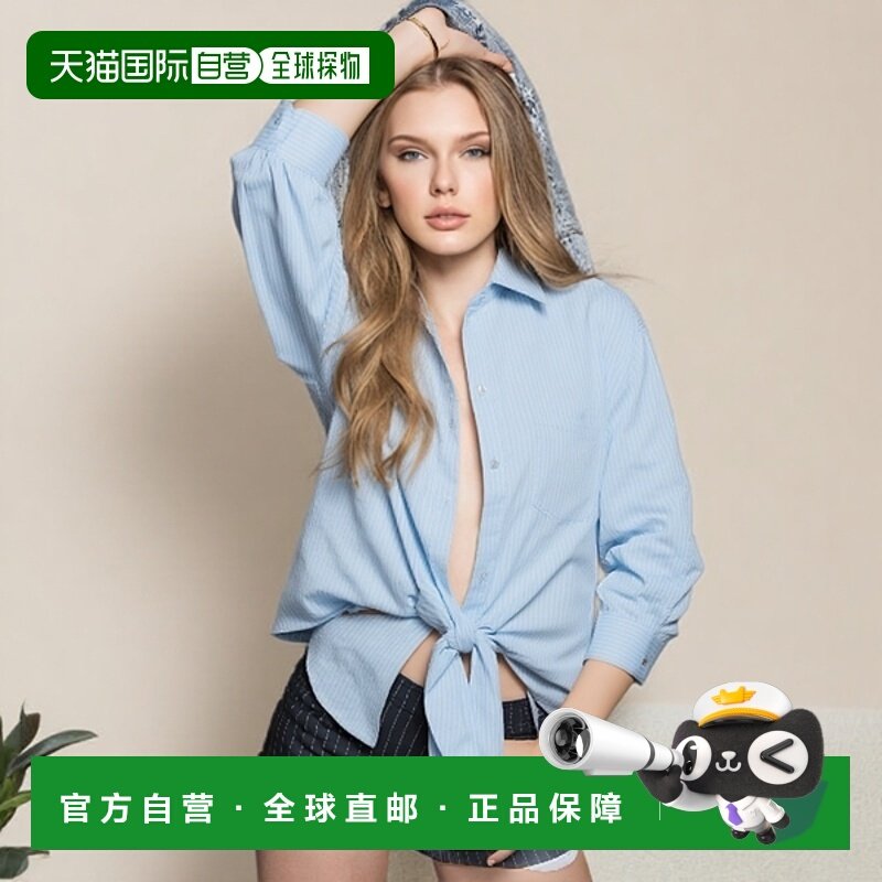 欧洲直邮BALENCIAGA (2025新品) 女式蓝色/白色袖口打结长袖衬衫