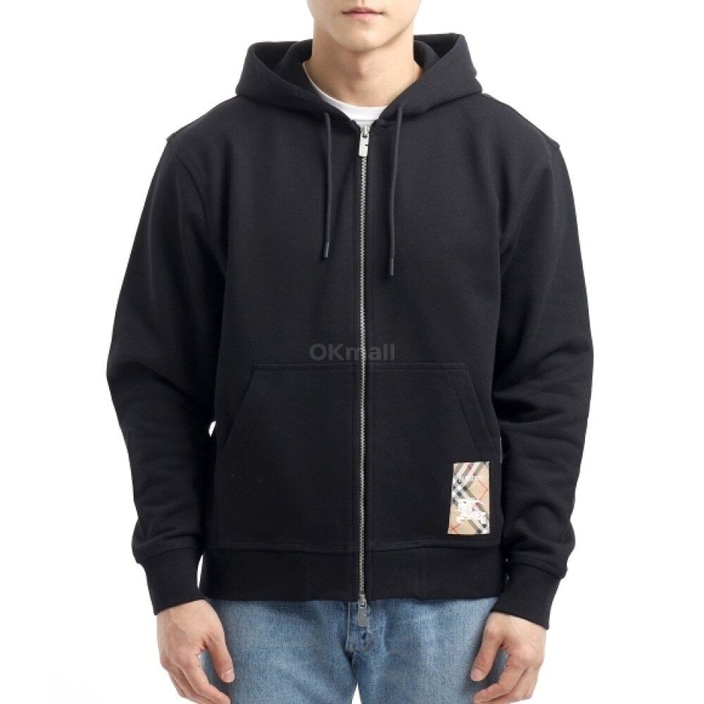 BURBERRY 格纹标签棉质拉链连帽衫 (8102276) 兜帽/拉链