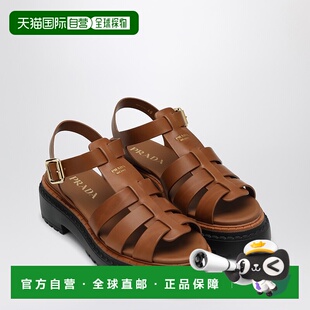 香港直邮潮奢 棕色皮质带Logo凉鞋 Prada 女士 1X9 普拉达 1h可退