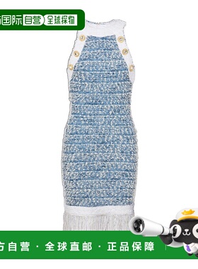 香港直邮Balmain 流苏牛仔花呢连衣裙 CF1R3131KF88包臀裙