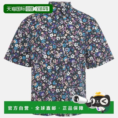 自营Off-White Blue Floral Print Cotton Short Sleeve Shirt -