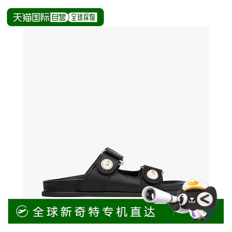 欧洲直邮JIMMY CHOO Fayence Sandal_珍珠装饰平底黑色皮革凉鞋