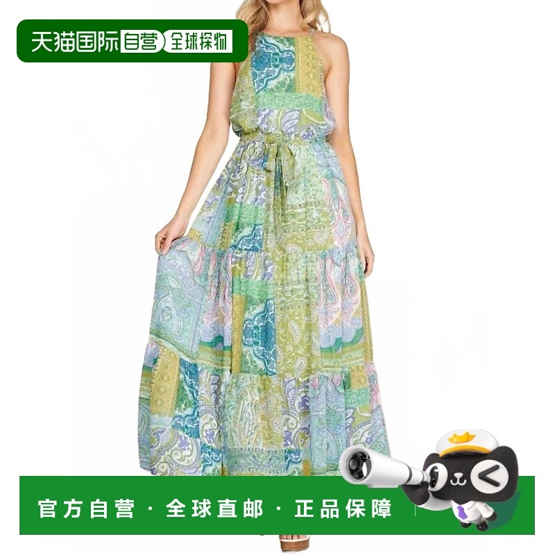 自营she + sky灰色/蓝色雪纺补丁分层长裙 美国奥莱直发