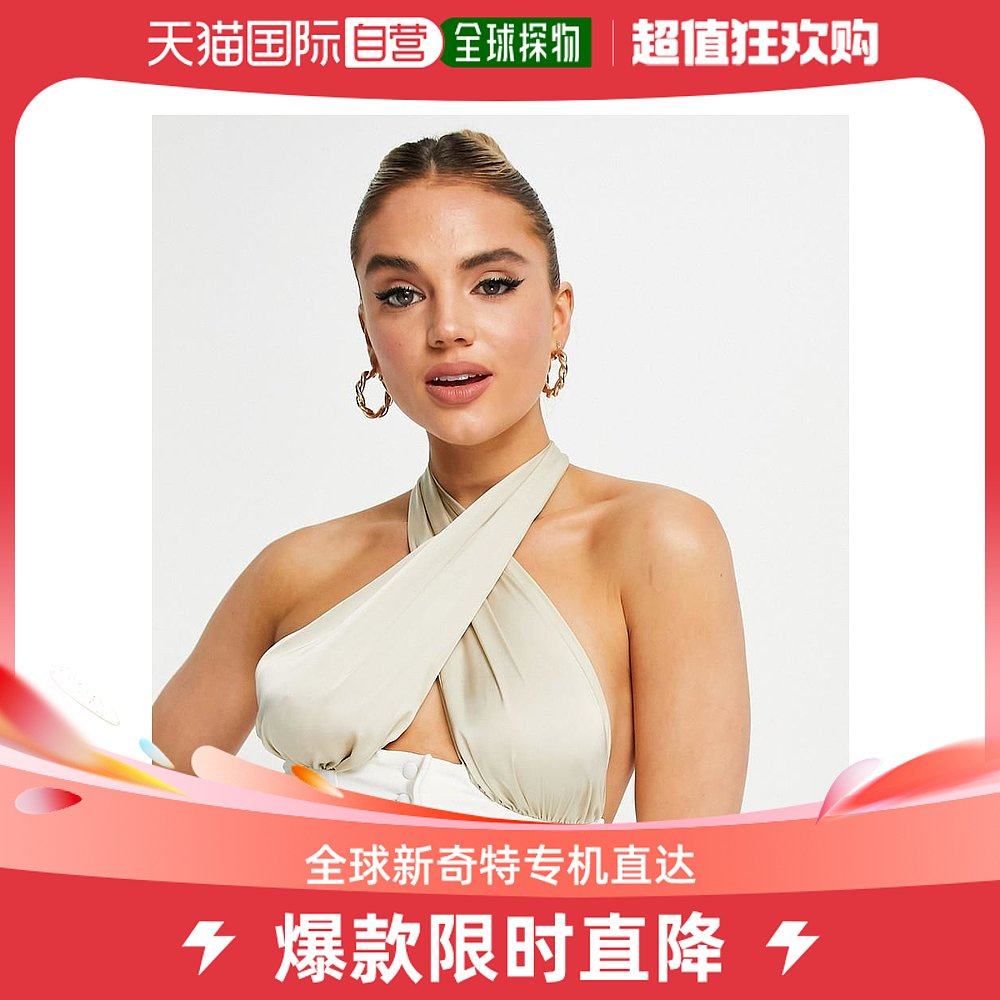 香港直邮潮奢 ASOS 女士设计挂脖交叉式领短款系扣浅金色上衣