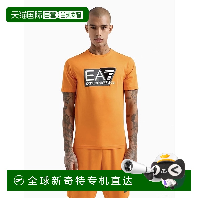 香港直邮EA7 男士橙色短袖T恤衫 字母logo圆领套头短袖T恤阿玛尼