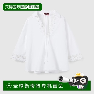 襯衫 歐洲直郵Gucci 古馳 女士白色棉府綢鏤空船錨鏈刺繡領口寬袖