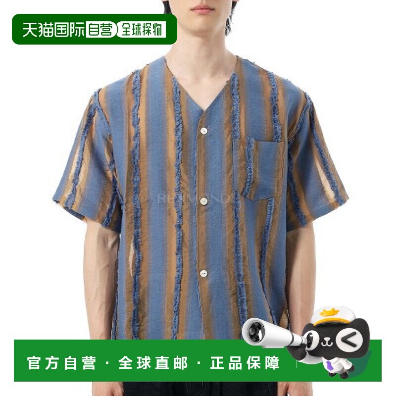 韩国直邮NEEDLES 短袖V领条纹提花衬衫 - 米色/蓝色 (QV225) 短袖图片