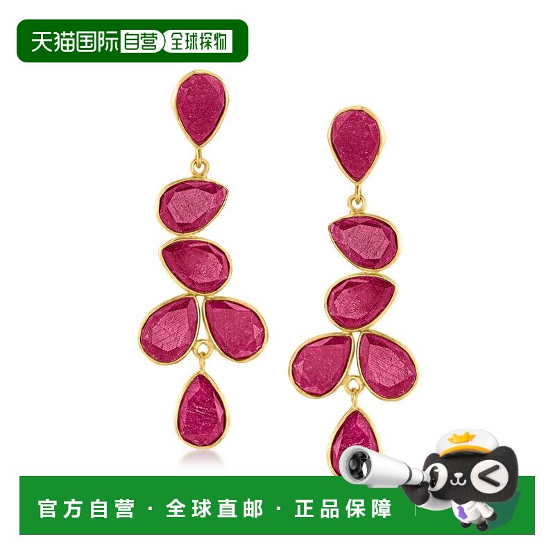 自营Ross-Simons 18kt 金镀在纯银上红宝石吊式耳环 - 红色 美国