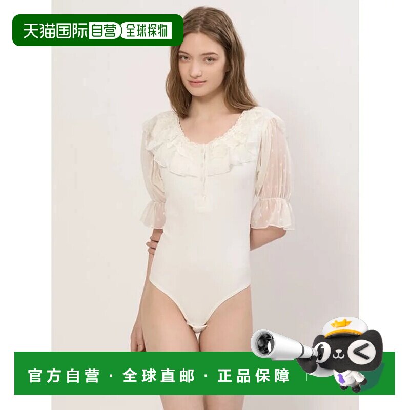 日本直邮LILY BROWN 百合棕内衣白色蕾丝泡泡袖牛仔连体衣