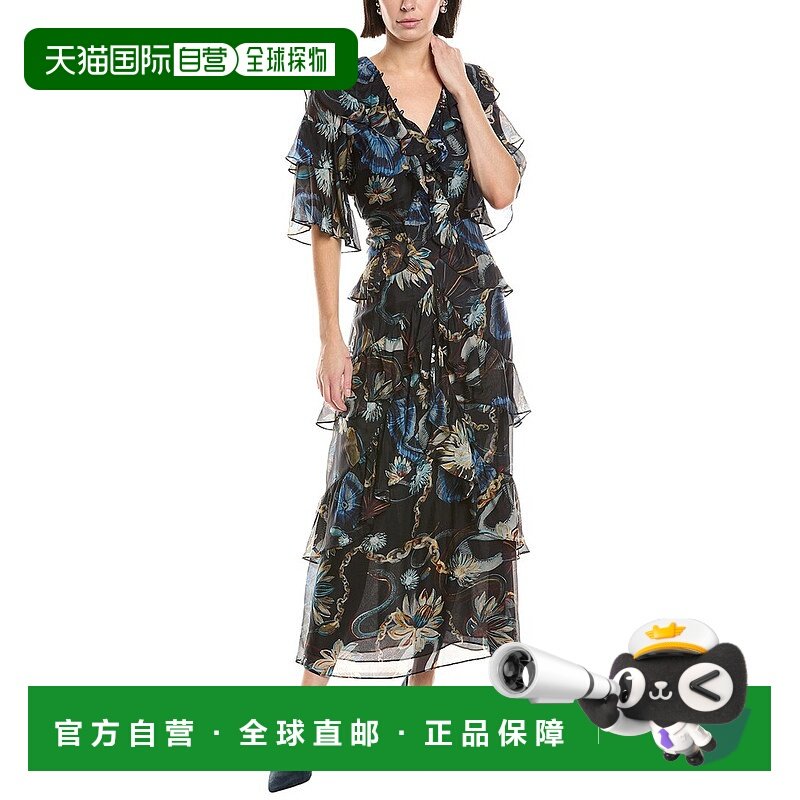 自营Marchesa Notte Printed Silk-Blend Ruffle Midi Dress - bl