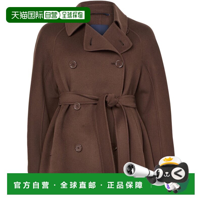 自营欧洲直邮S MAX MARA 女士巧克力色羊毛短款系带风衣长袖