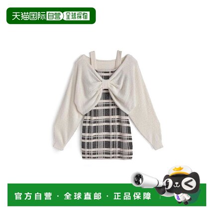日本直邮日潮 GRL蝴蝶结毛绒上衣格纹吊带迷你裙针织套装an1705