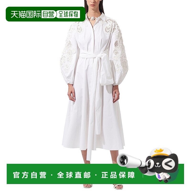 自营Carolina Herrera开放式前襟气球袖Midi连衣裙-白色 美国奥莱