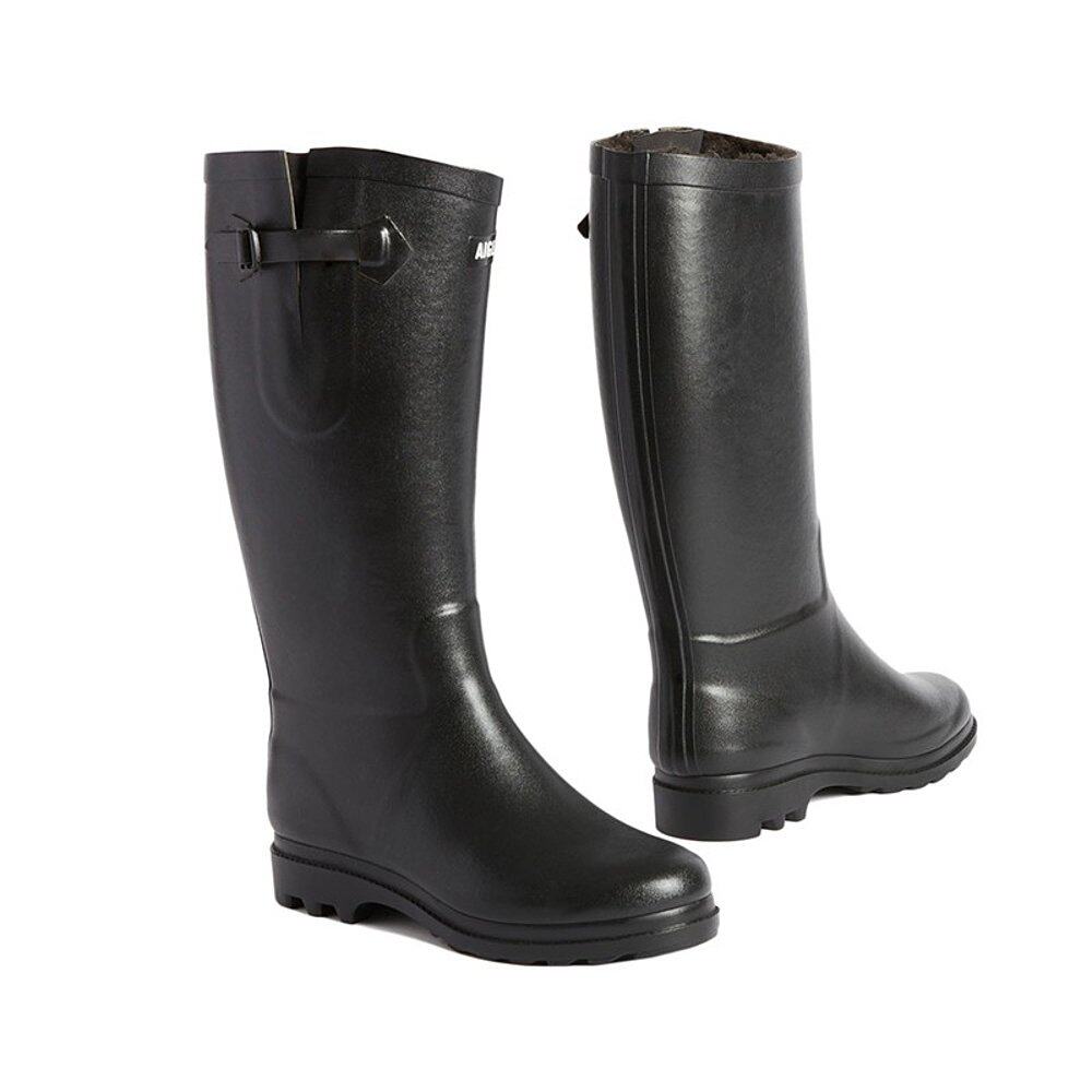 AIGLE/艾高24新款 女士黑色天然橡胶毛皮衬里保暖高筒雨靴