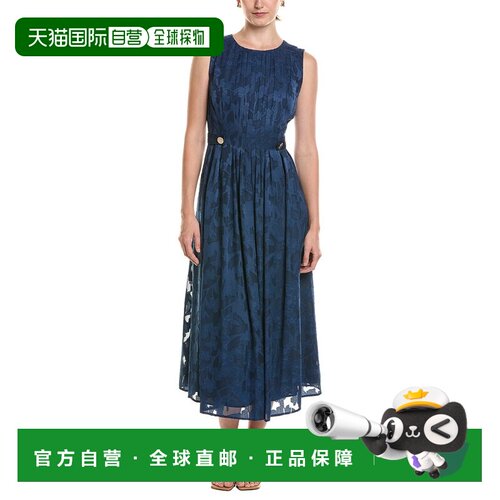 自营Anne Klein褶皱领口a线中长款连衣裙-蓝色 美国奥莱直发