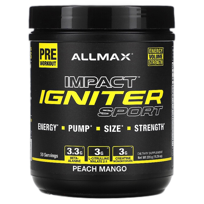 香港直邮ALLMAX,IMPACT Igniter Sport，锻炼前营养粉，桃子芒果1