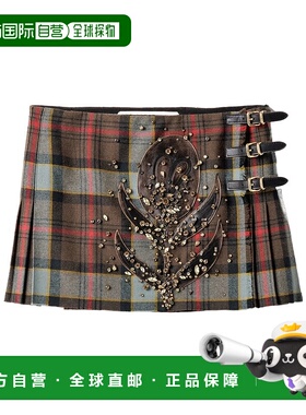 1h可退 香港直邮Miu Miu 刺绣格子迷你裙 MG236116FFSOOO半身裙