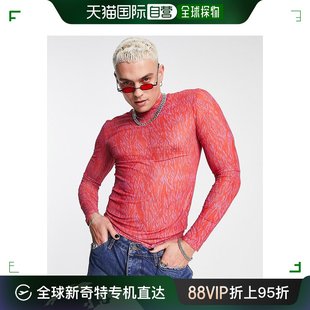 设计飞袖 香港直邮潮奢 男士 印花网纱红色T恤 ASOS 圆翻领长袖