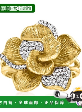 自营Ross-Simons 18kt 金镀在纯银上镶钻花朵戒指 - 白色 美国奥