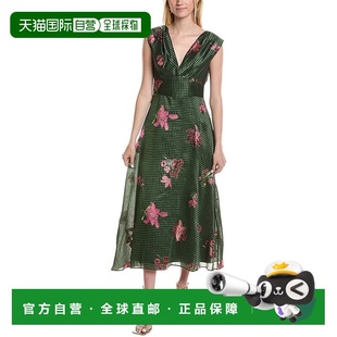 美国奥莱直 绿色 自营lela roseLela玫瑰亚麻丝绸混纺露肩连衣裙