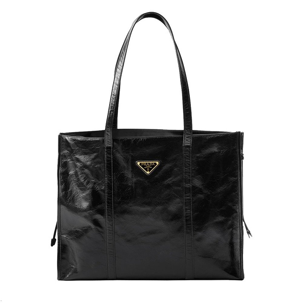 Prada/普拉达 女士大号黑色皮革皮革手柄金属饰品手提包