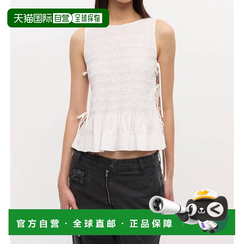 自营ganniCotton Poplin Smock Tie String Top In Snow White -