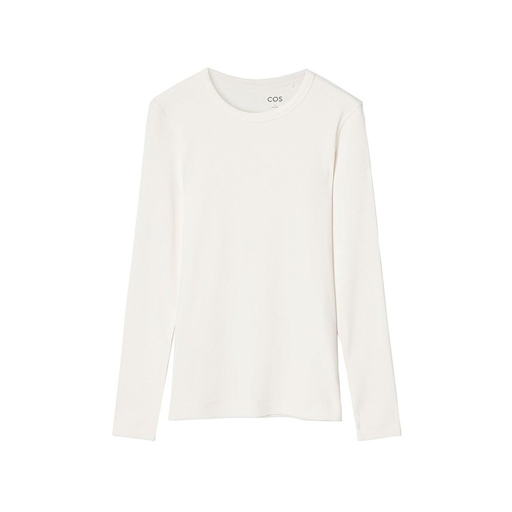 COS 24新款 女士白色棉质混纺明缝圆领罗纹针织长袖T恤