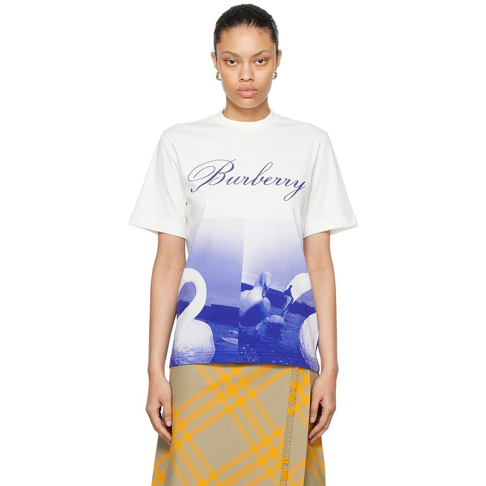 潮奢 Burberry女士白色&蓝色 Swan Print T恤