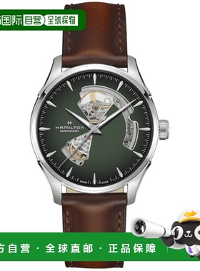 自营Hamilton Jazzmaster Open Heart 自动绿色表盘棕色皮革表带