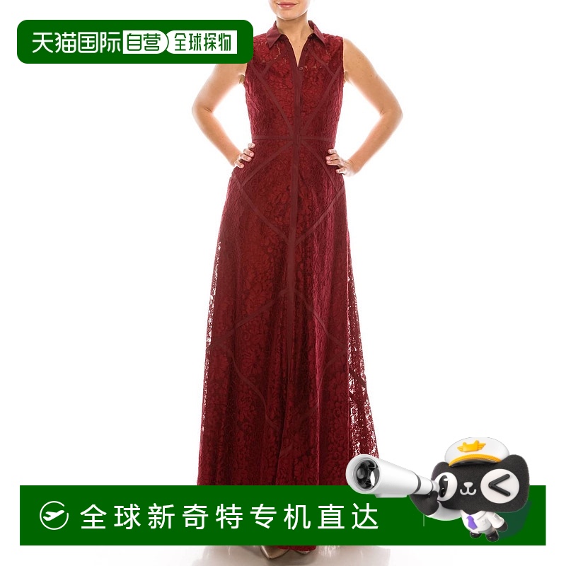 自营aidan mattox无袖滚边细节A字型连衣裙，深红色 【美国奥莱】