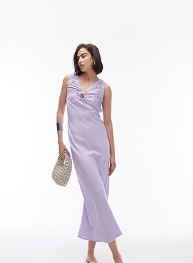 潮奢 Topshop 女士 酸洗V领锁孔淡紫色中长连衣裙