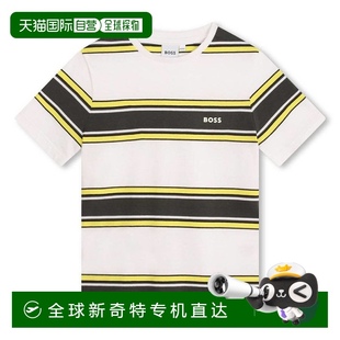 美国奥莱直发 自营 Hugo Boss男孩标志条纹棉质针织T恤 白黄色