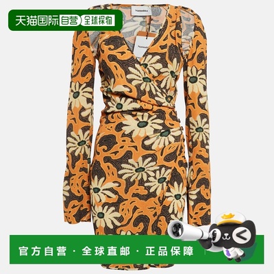 自营Nanushka Orange Floral Print Crepe Cut-Out Mini Wrap Dre