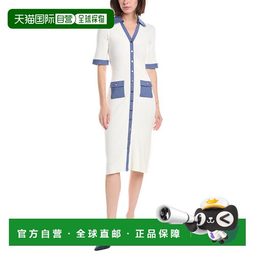 自营T Tahari Elbow Sleeve Split Neck Rib Dress - white 美国