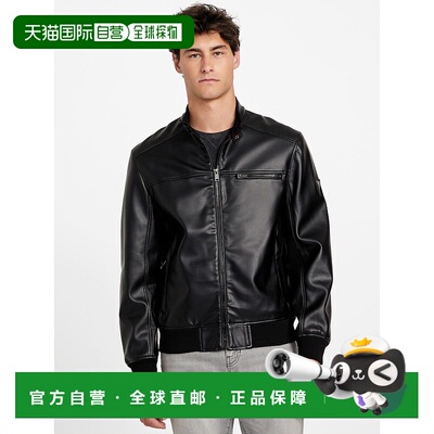 自营guessFaris Faux-Leather Biker Jacket - black 美国奥莱直