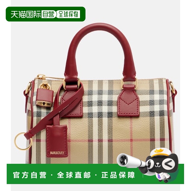 香港直邮Burberry 巴宝莉 女士 格纹小号皮革饰边帆布手提包