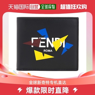 折叠钱夹 香港直邮FENDI 黑色皮革彩色印花字LOGO短款 男士 7M0169