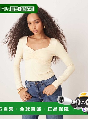 1h可退 香港直邮ASOS 女士 设计锦纶紧身褶皱胸部黄色长袖上衣(bu