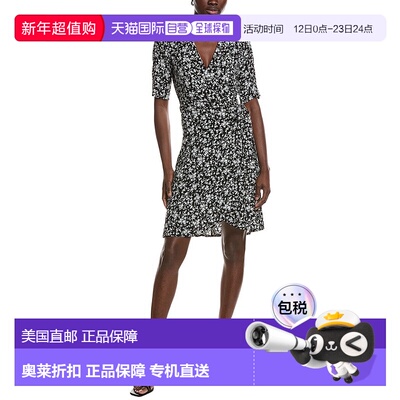 自营GANNI Printed Crepe Wrap Dress - black 美国奥莱直发