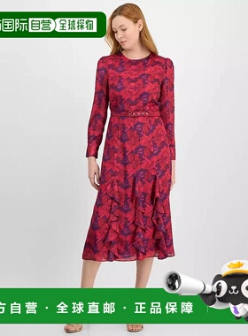 自营 Tahari ASL Midi连衣裙女式紫玫瑰层叠褶边腰带FTS1488-红色