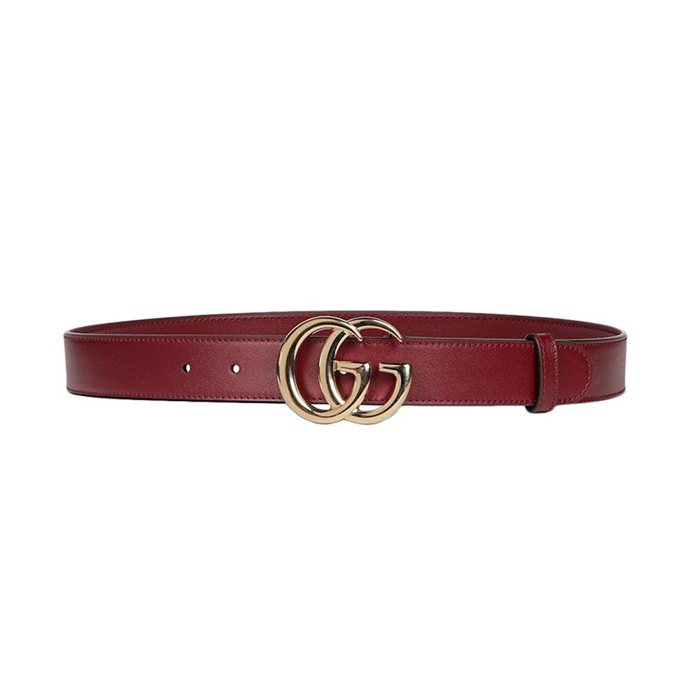 GUCCI/古驰24新款 女士酒红色皮革金色双G环腰带3cm