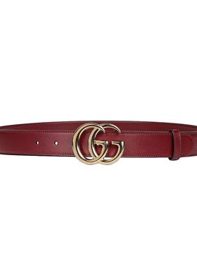 GUCCI/古驰24新款 女士酒红色皮革金色双G环腰带3cm